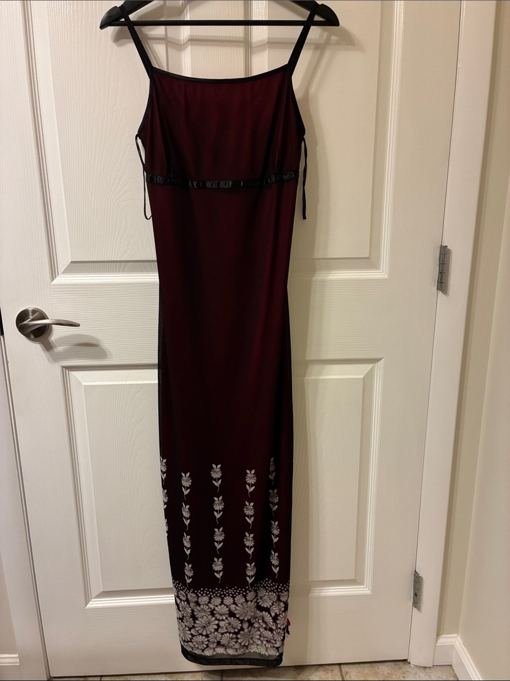 Vintage 90s Women’s Burgundy Maxi Slip Dress with Floral Hem